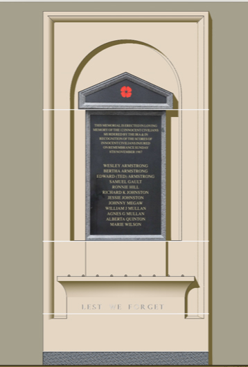 A design showing the memorial placed within the gable wall of the Clinton Centre in Belmore Street, Enniskillen, which has now been submitted for planning approval.