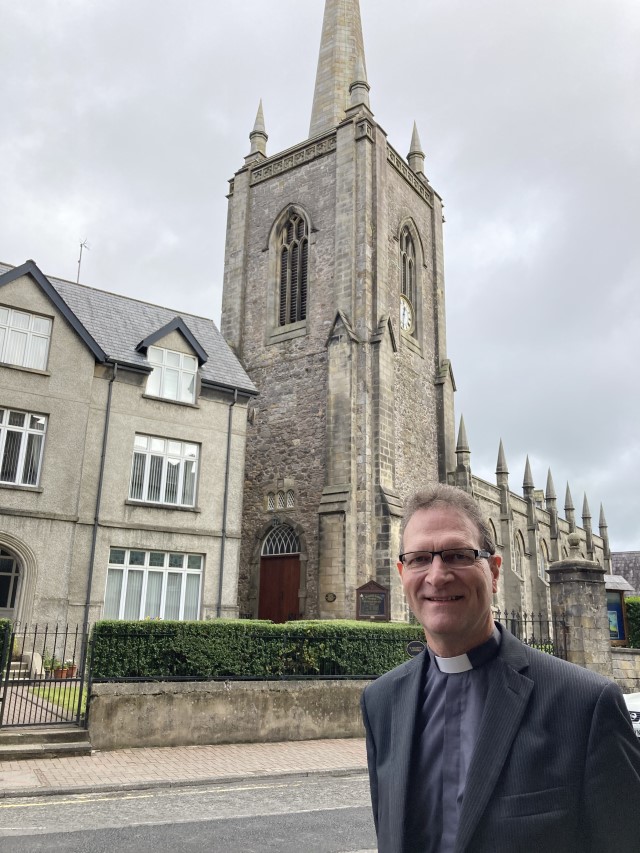 Dean Kenneth Hall, outside St Macatin's Cathedral, Enniskillen.