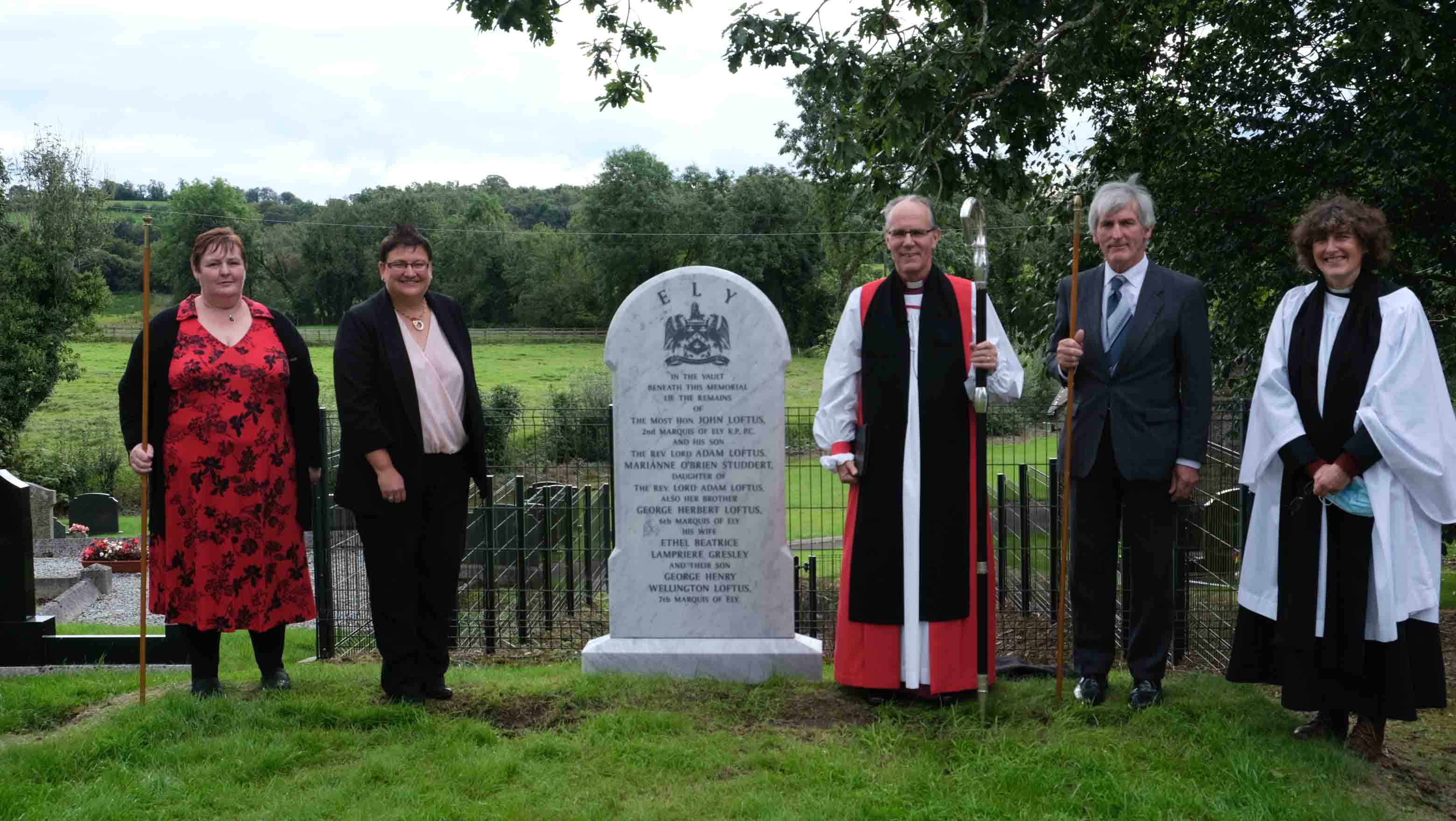 Attending the unveiling of the Ely memorial were (from left): Elizabeth McClelland, Churchwarden; Elmarie Swanepoel, Programme Manager of the Lough Erne Landscape Partnership; the Bishop of Clogher, the Right Revd Dr Ian Ellis; Richard Harkness, Churchwarden; and the Revd Stephanie Woods, in charge of the parish of Inishmacsaint.