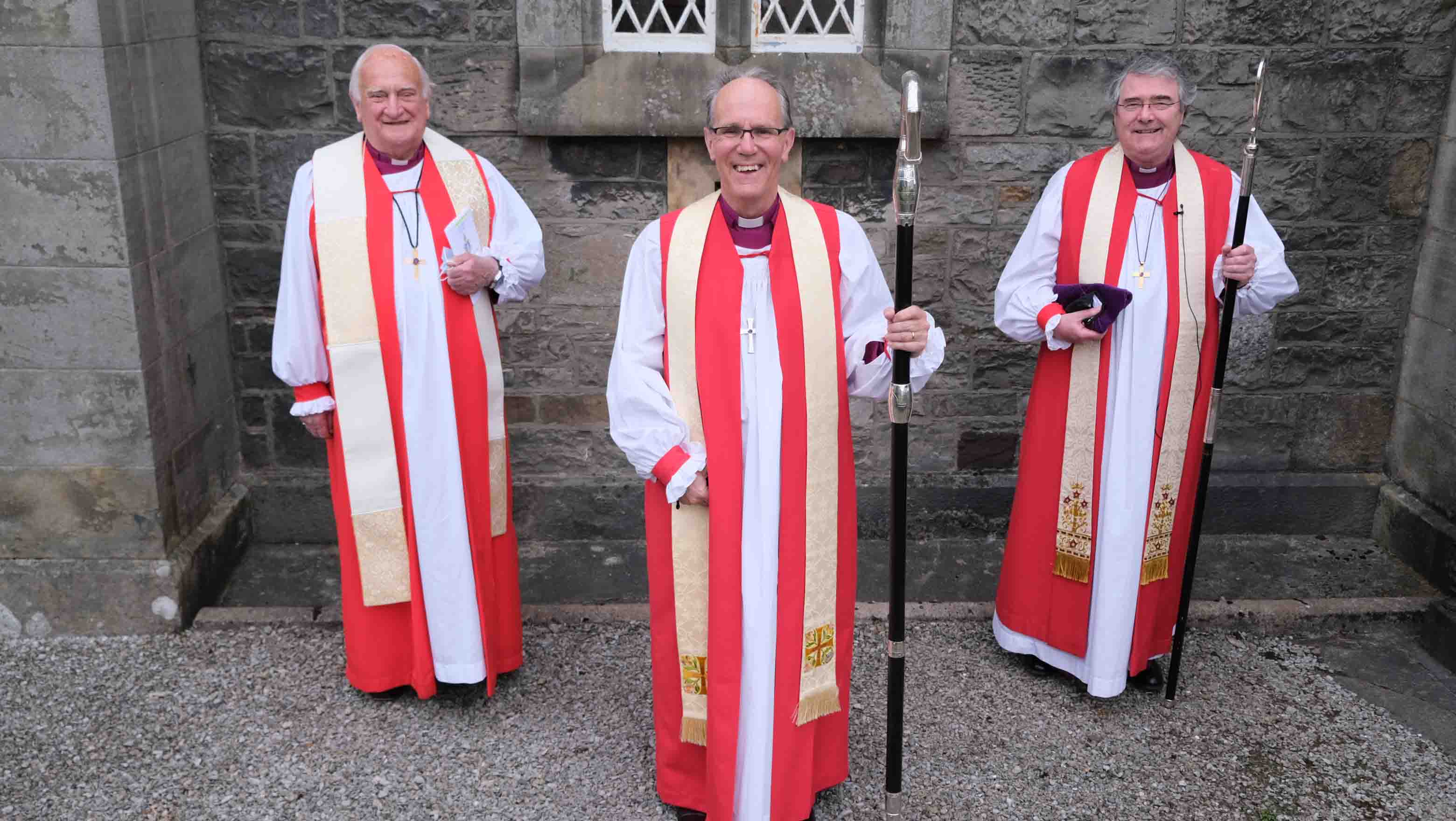 The new Church of Ireland Bishop of Clogher, the Right Revd Dr Ian Ellis (centre), at his Service of Consecration in St Macartin's Cathedral, Enniskillen, on Monday, 26th April, with the Right Revd Lord Eames, former Archbishop of Armagh, who preached and Archbishop John McDowell, who led the service.