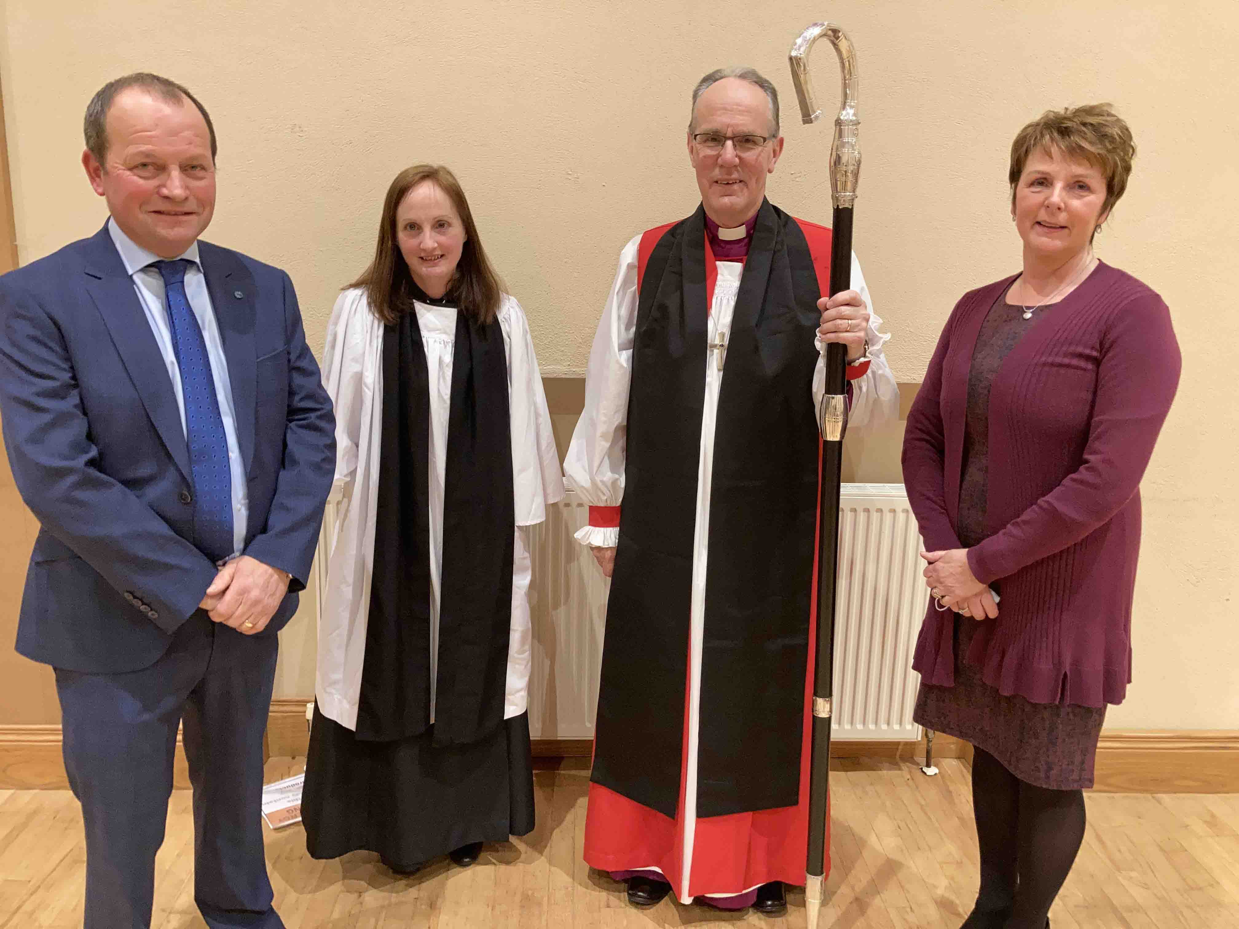 The Revd Lindsey Farrell with the Bishop of Clogher, the Right Revd Dr Ian Ellis, and churchwardens.