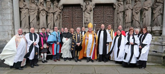 Clergy from Cork, Cloyne and Ross together with members of University College Cork with, Fr. Gerard Dunne, O.P. Chaplain UCC, Professor Patrick O'Shea, President UCC, The Bishop of Cork, Cloyne and Ross, The Right Reverend Dr Paul Colton, Reverend Canon Alan Marley and the Very Reverend Nigel Dunne, Dean of Cork, following the Commissioning and his Installation as Prebendary of Dromdaleague and Kilnaglory.