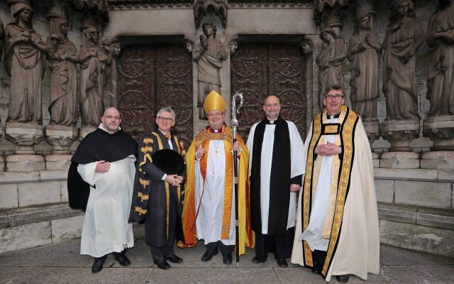 Fr. Gerard Dunne, O.P. Chaplain UCC, Professor Patrick O'Shea, President UCC, The Bishop of Cork, Cloyne and Ross, The Right Reverend Dr Paul Colton, the Reverend Canon Alan Marley, and the Very Reverend Nigel Dunne, Dean of Cork, following the Commissioning.