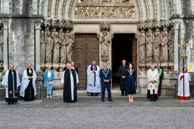 After the Centenary Service were (left to right) Archdeacon Adrian Wilkinson, Canon Dr Daniel Nuzum (Ecumenical Officer), Denise Gabuzda (Religious Society of Friends), Bishop Paul Colton, Stephen Murray (Cork Presbyterian Church), Dean Nigel Dunne, Councillor Colm Kelleher (Lord Mayor of Cork), the Reverend Andrew Robinson (Cork Methodist Church), Councillor Gillian Coughlan (Mayor of County Cork), Bishop Fintan Gavin, the Reverend Mike O'Sullivan (Cork Unitarian Church) and Sheila Robinson (Crucifer).