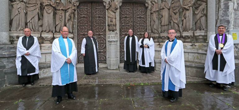 Pictured are Alan Clohessy and Kieran Hogan, newly licensed Readers (front row) with the Archdeacon of Cork Cloyne and Ross, the Venerable Adrian Wilkinson, the Bishop of Cork, Cloyne and Ross, the Right Reverend Dr Paul Colton, Canon Andrew Orr, the Very Reverend Susan Green, Dean of Cloyne, and the Very Reverend Nigel Dunne, Dean of Cork, at the United Dioceses of Cork, Cloyne and Ross, Licensing of Readers, at the Cathedral Church of Saint Fin Barre, Cork. Picture: Jim Coughlan.