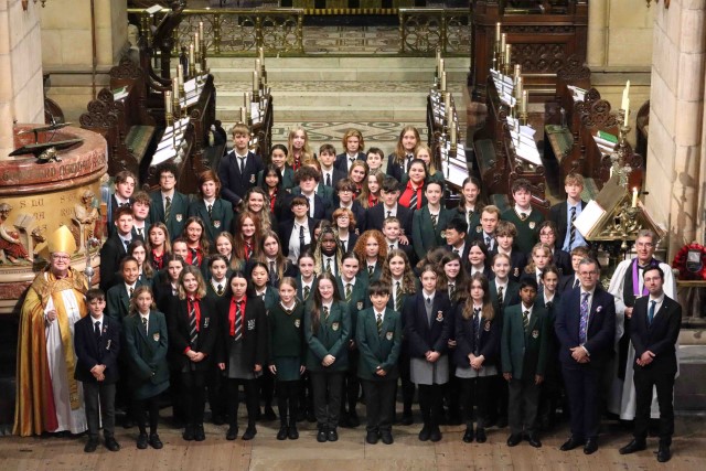 The three Secondary School Choirs from Midleton College, Ashton School and Bandon Grammar School with Bishop Paul Colton, the Dean of Cork NIgel Dunne, and Peter Stobart (Director of Music) and Robbie Carroll (Assistant Director of Music).