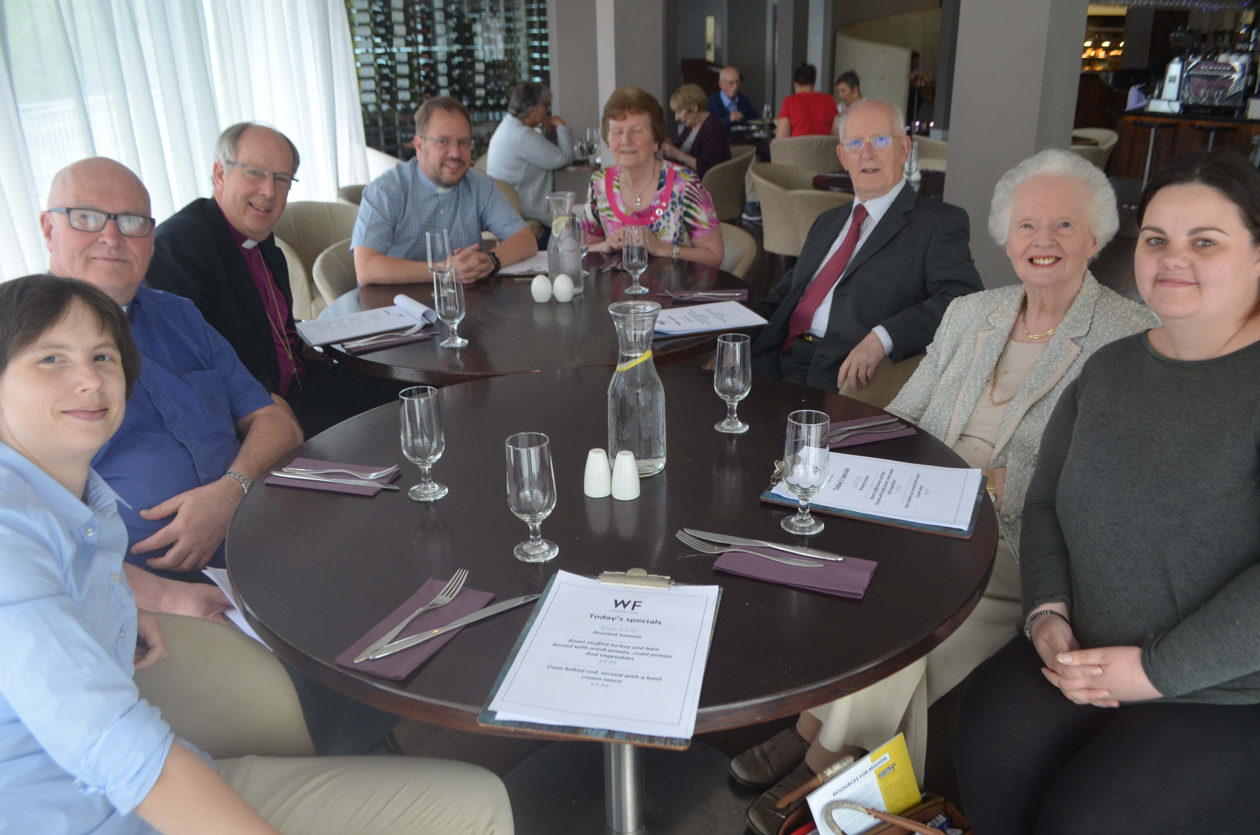 Left to right: Claire Henderson, Canon Paul Hoey, Bishop Ken Good, the Rev Adam Pullen, Sylvia Donnell, Albert Smallwoods, Vivian Smallwoods and Joanne Miller.