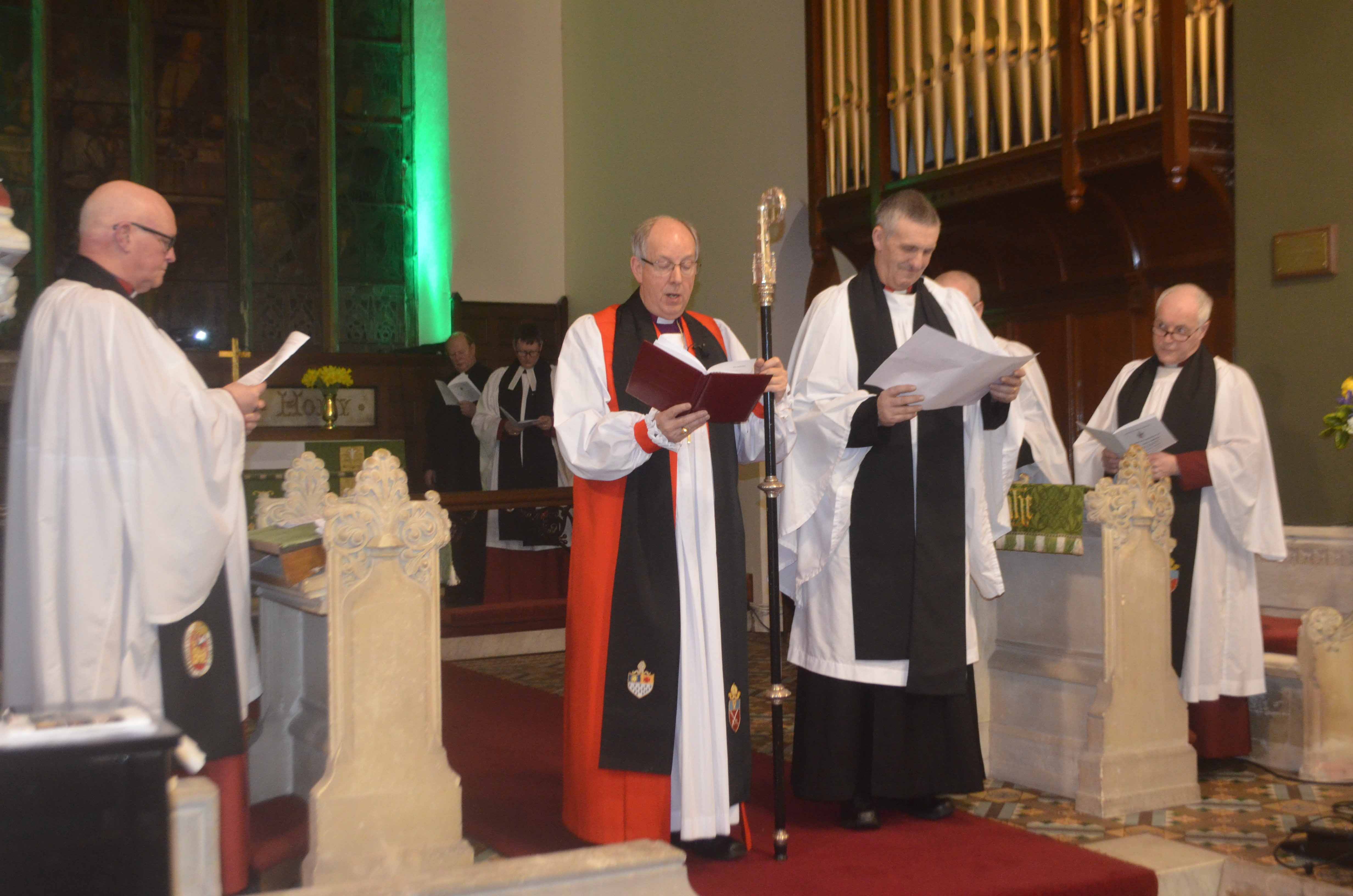 The new rector of Christ Church, Strabane, the Rev John White (second from right) is instituted by the Bishop of Derry and Raphoe, the Rt Rev Ken Good. Also included are the preacher, the Rev Canon Paul Hoey, (left) and the Rural Dean, the Rev Canon Robert Clarke (right).