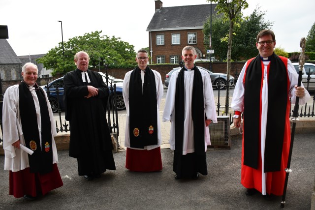 The Rev Canon Robert Clarke (Rural Dean), the Rev Canon David Crooks (Diocesan Registrar), the Venerable Robert Miller (Archdeacon of Derry), the Rev Graham Hare (new Incumbent) and the Rt Rev Andrew Forster (Bishop of Derry and Raphoe).