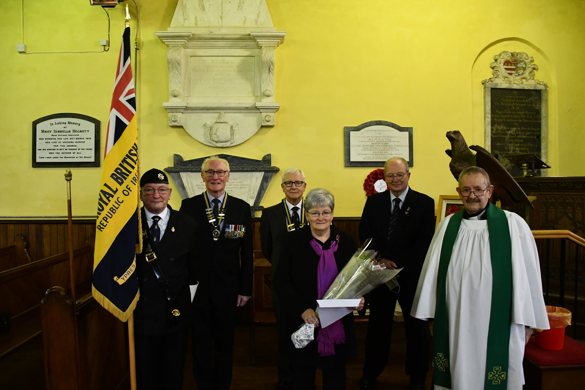 Mrs Pearl Barnett is is presented with the Irish Free State Salver by Lt. Col. Ken Martin, President of Royal British Legion Republic of Ireland. Also included is Brian Crawford, the Legion's Poppy Appeal Organiser in the Republic.