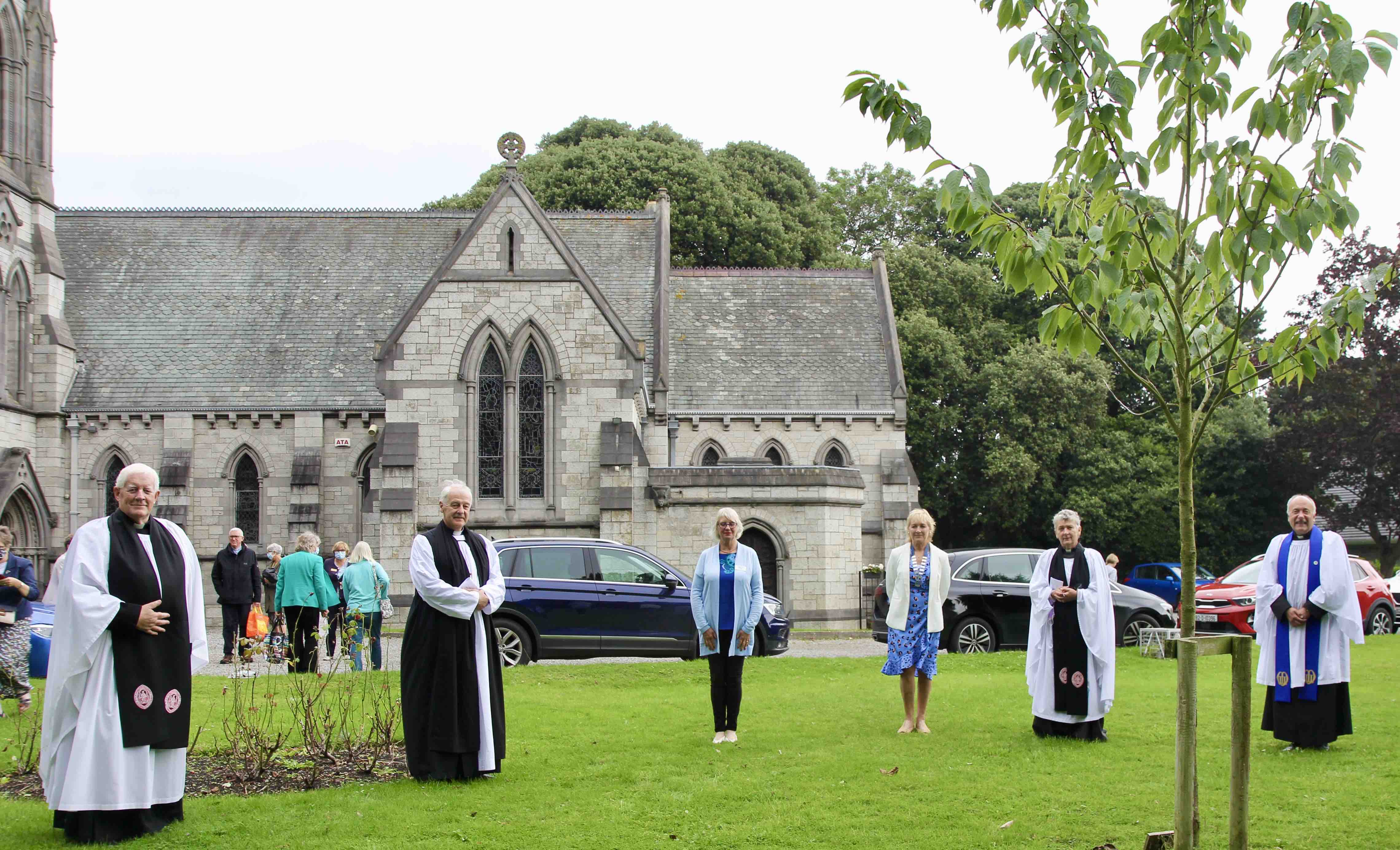At the tree planted to commemorate the foundation of Mothers' Union in Ireland in Raheny are Canon Robert Deane, Archbishop Michael Jackson, June Butler, Karen Nelson, Canon Aisling Shine and Canon Leonard Ruddock.