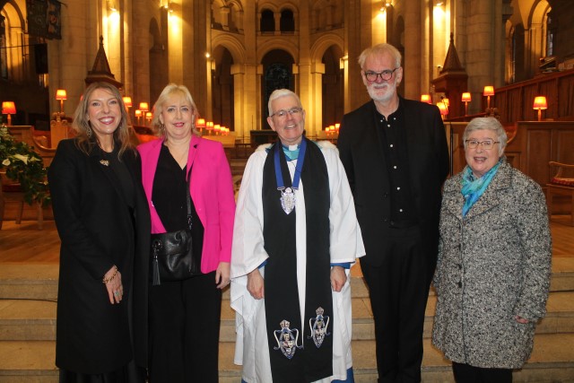 At Belfast Cathedral's Good Samaritans Service are Dean Stephen Forde and special guests Alexandra Ford (left) and Tim McGarry (second right), with representatives of The Goliath Trust who received a grant from the 2023 Black Santa Appeal.