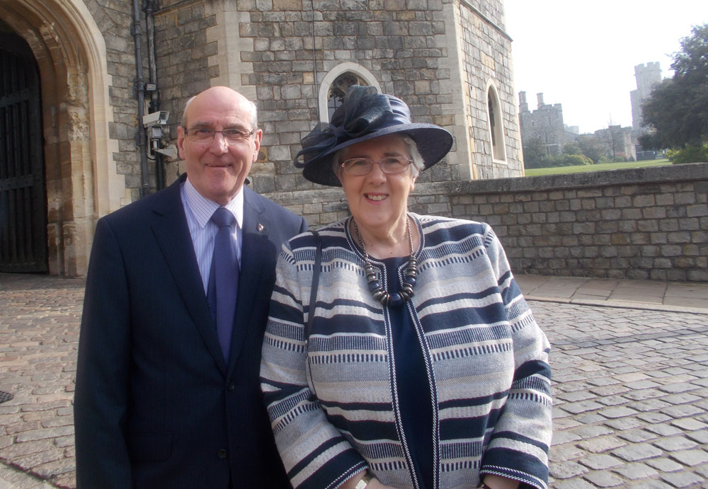 Jim and Rosemary Patterson at Windsor Castle, where Jim was presented with a gift of Maundy money by Her Majesty the Queen.