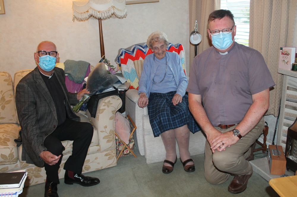 Bertha Christie enjoyed a visit from Bishop's Commissary, Archdeacon Stephen McBride, and her rector, the Rev Canon Nigel Baylor, on Thursday August 5.
