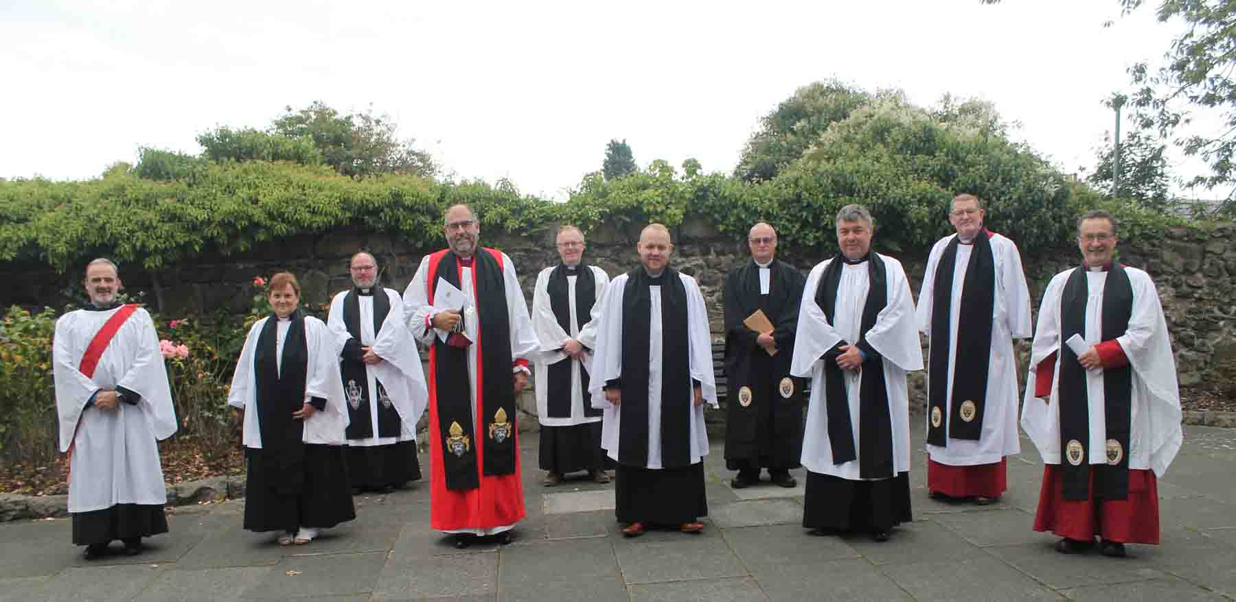 At the Service of Ordination of Priests on September 12 are, from left: The Rev Brendan O'Loan; the Rev Janet Spence; the Rev Canon Kevin Graham, Director of Ordinands; Bishop George Davison; Archdeacon Barry Forde; the Rev Nathan Ervine; the Rev William Taggart, Registrar; the Rev Christopher St John, rector, St Nicholas'; the Rev Canon James Carson, preacher; Archdeacon Paul Dundas.