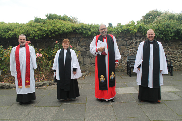 Bishop George Davison with, from left: The Rev Brendan O'Loan, the Rev Janet Spence and the Rev Nathan Ervine at the Ordination of Priests in St Nicholas', Carrickfergus, on September 12.