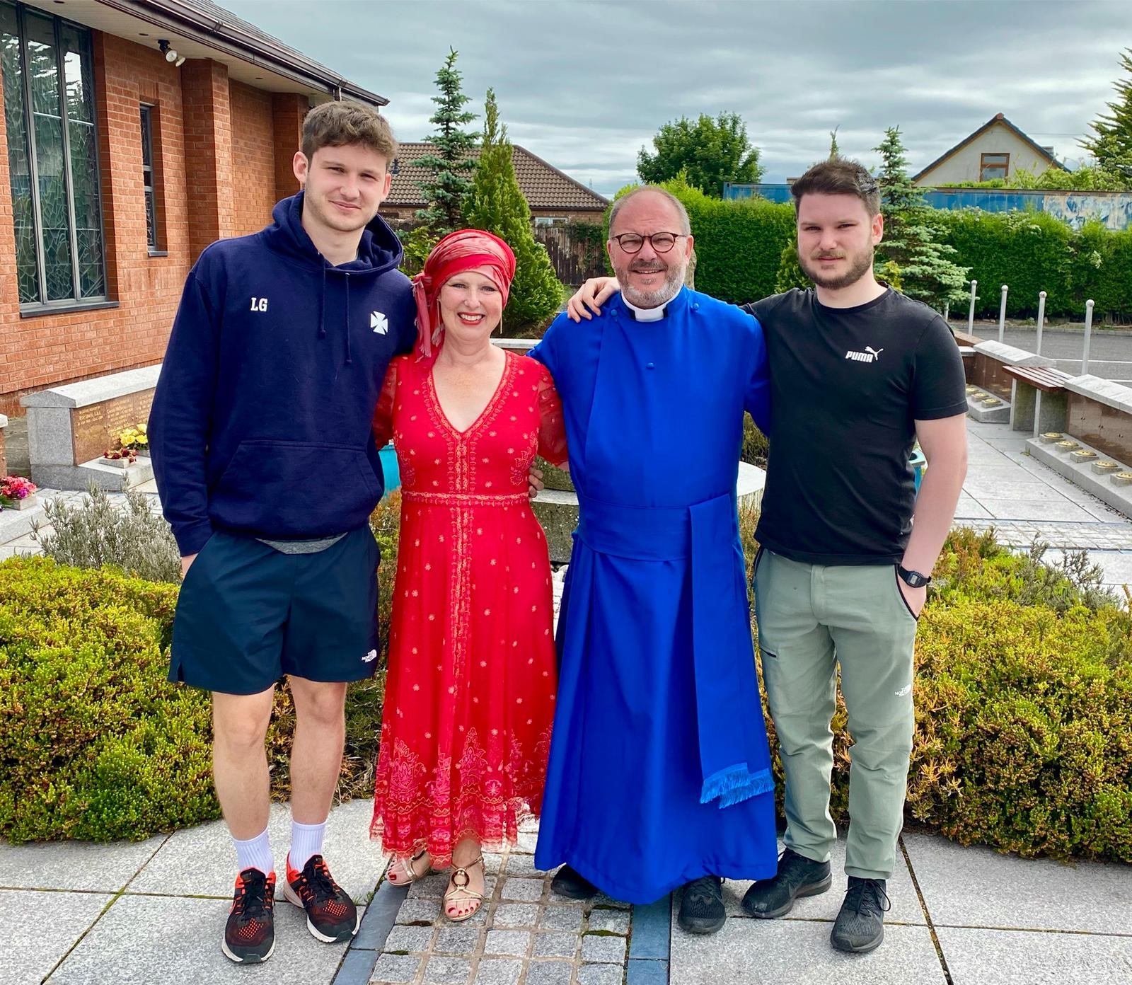 The Rev Canon Kevin Graham, rector of St Barthlomew's Parish Church, Stranmillis, Diocese of Connor, his wife Cheryl, and their sons Jamie and Luke, pictured after Kevin and Cheryl renewed their wedding vows in St Colman's Parish Church, Kilroot, last Saturday, during a marathon walk to raise funds for Macmillan Cancer Support.