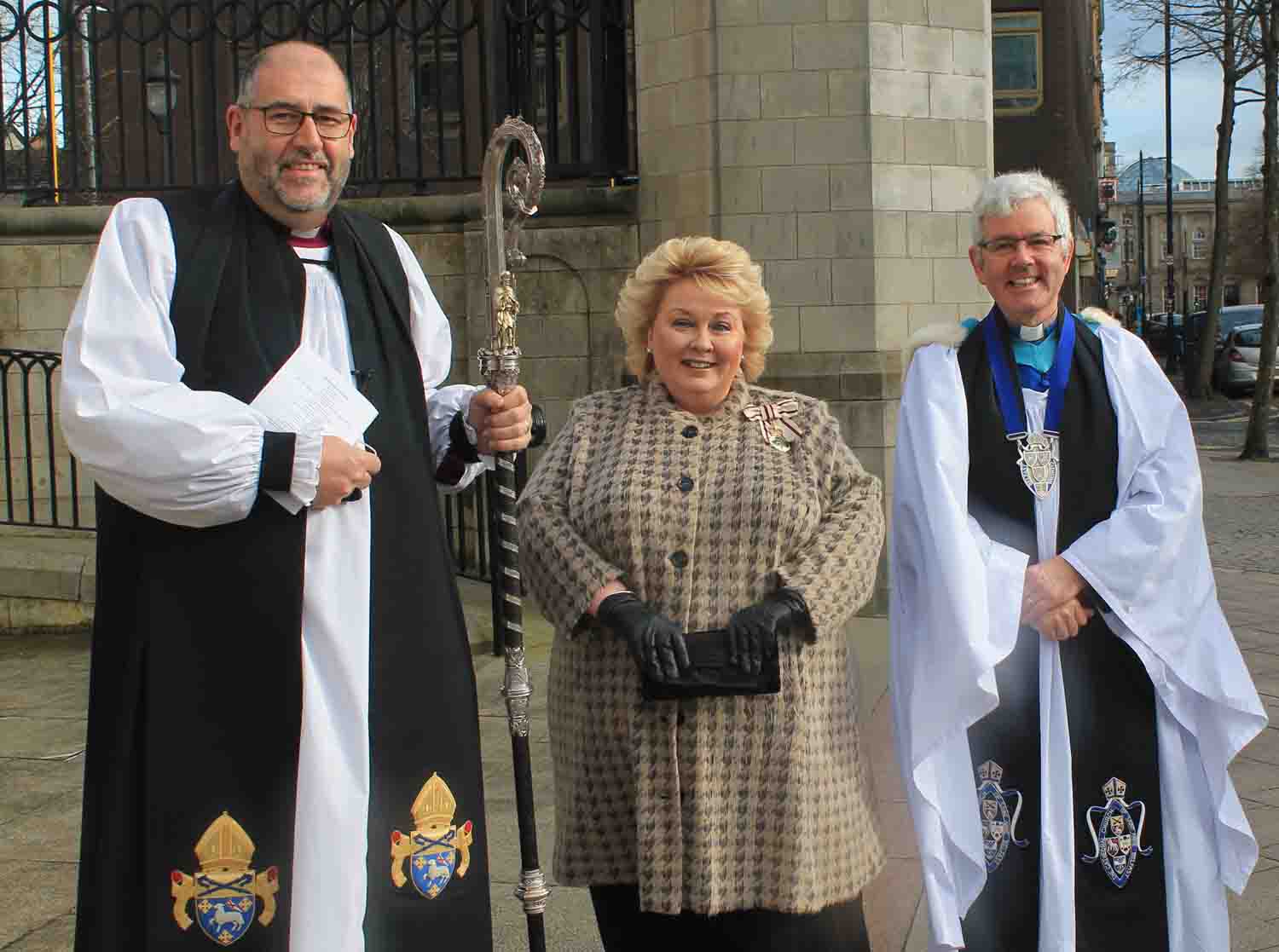 Bishop George Davison; Fionnuala Jay-O'Boyle, Lord-Lieutenant for Belfast; and Dean Stephen Forde.
