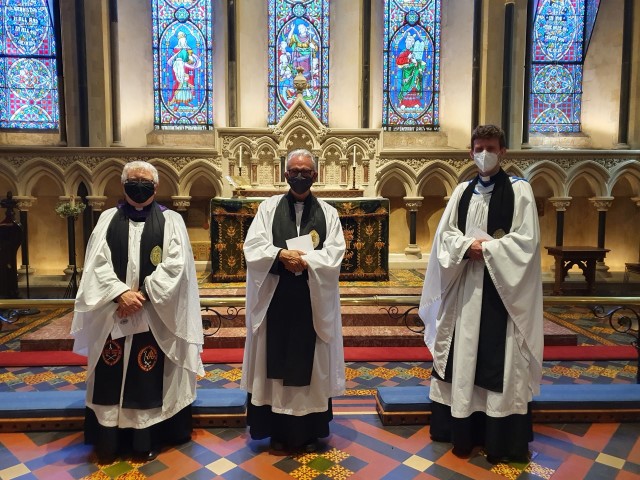 Left to right: the Very Revd Roderick Smyth (Prebendary of Taney), the Revd Aonghus Mayes (Prebendary of Newcastle), and the Revd Ian Gallagher (Prebendary of Tipperkevin) at their installation in St Patrick's Cathedral, Dublin.