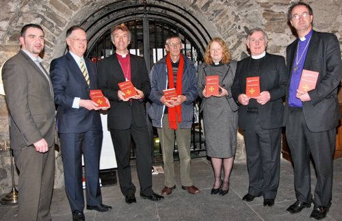 At the launch of Cumann Gaelach na hEaglaise's bilingual services book in Christ Church Cathedral were Dr Gearóid Trimble of Foras na Gaelige; chairperson of Cumann Gaelach na hEaglaise, Daíthí Ó Maolchoille; the Bishop of Bangor, the Right Revd Andrew John, Cynog Dafis, Canon Nia Catrin Williams, the Revd Gwynn ap Gwilyn and Bishop of Cashel and Ossory, the Right Revd Michael Burrows.