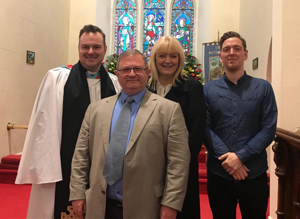The Revd Dr Andrew Campbell, Rector of Broughshane, in the Diocese of Connor, with Campbell Hamilton, Dee Nixon and Rich McDade from Hope4Life at the parish's first Mental Health Sunday service in November 2019.