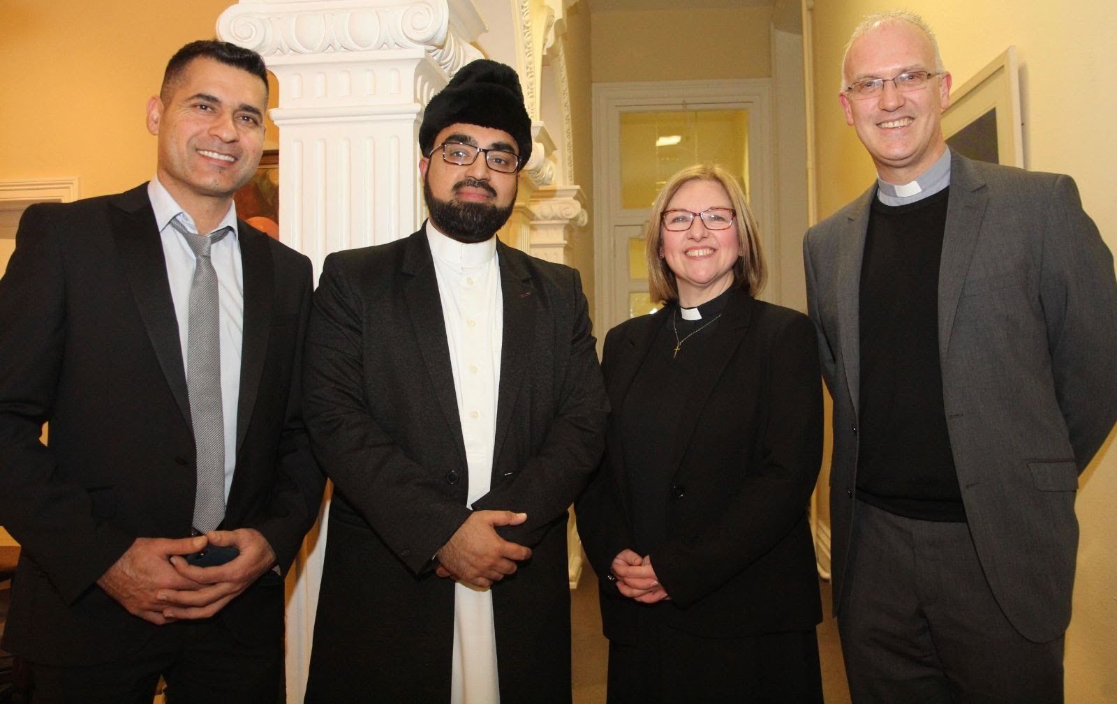 The Revd Suzanne Cousins pictured at the launch of her Braemor Study, Generous Love in Multi-Faith Ireland, in March 2018 with (from left) Mr Shafqat Ayub, Shaykh Dr Umar Al-Qadri, (Head Imam of the Al-Mustafa Islamic Education and Cultural Centre, Ireland), and the Revd Canon Dr Maurice Elliott (Director, Church of Ireland Theological Institute).  Credit: Lynn Glanville.