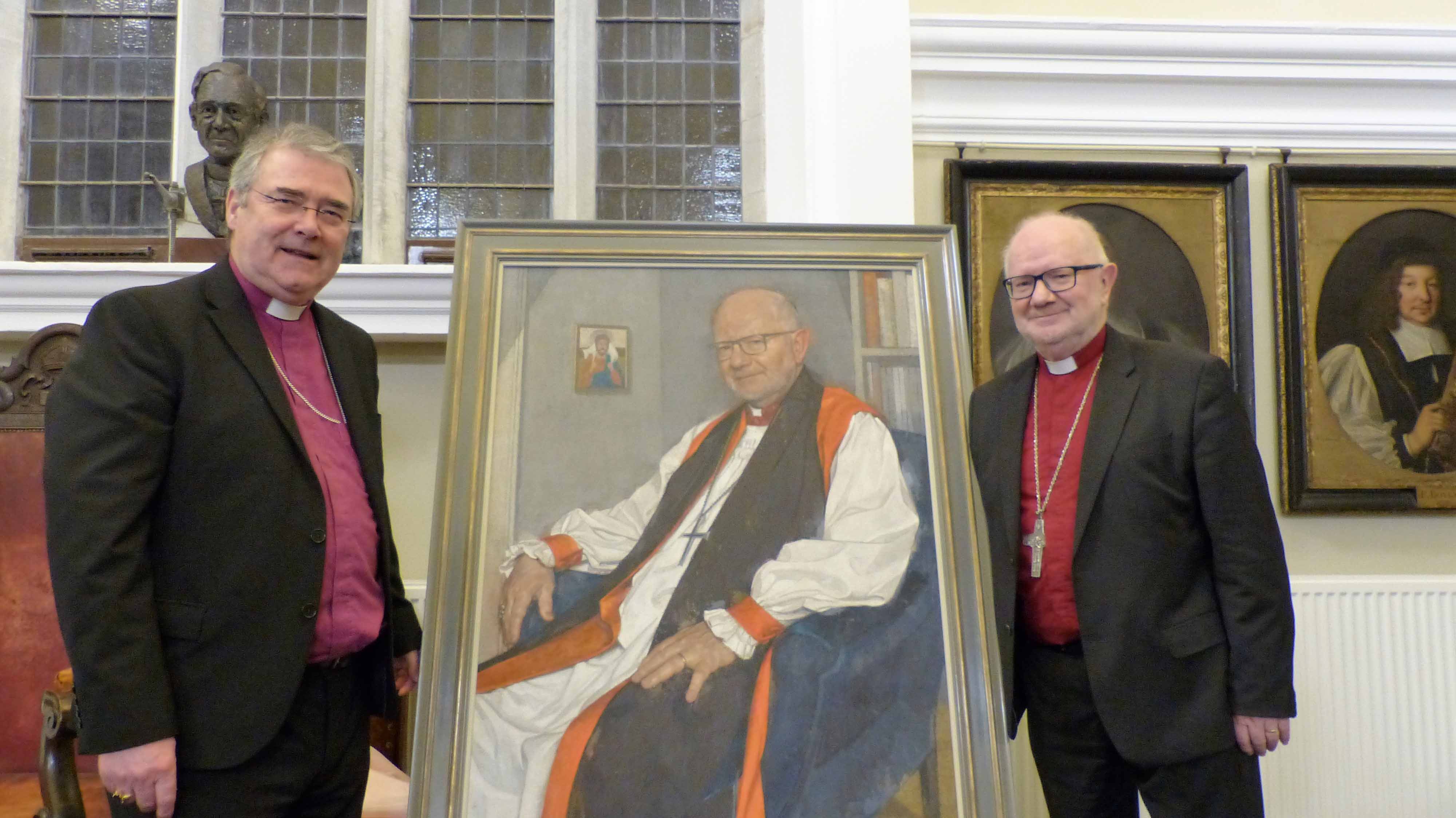 Archbishop John McDowell with Bishop Richard Clarke at the unveiling of Bishop Clarke's portrait at Church House, Armagh, which marks his service as Primate of All Ireland and Archbishop of Armagh between 2012 and 2020.