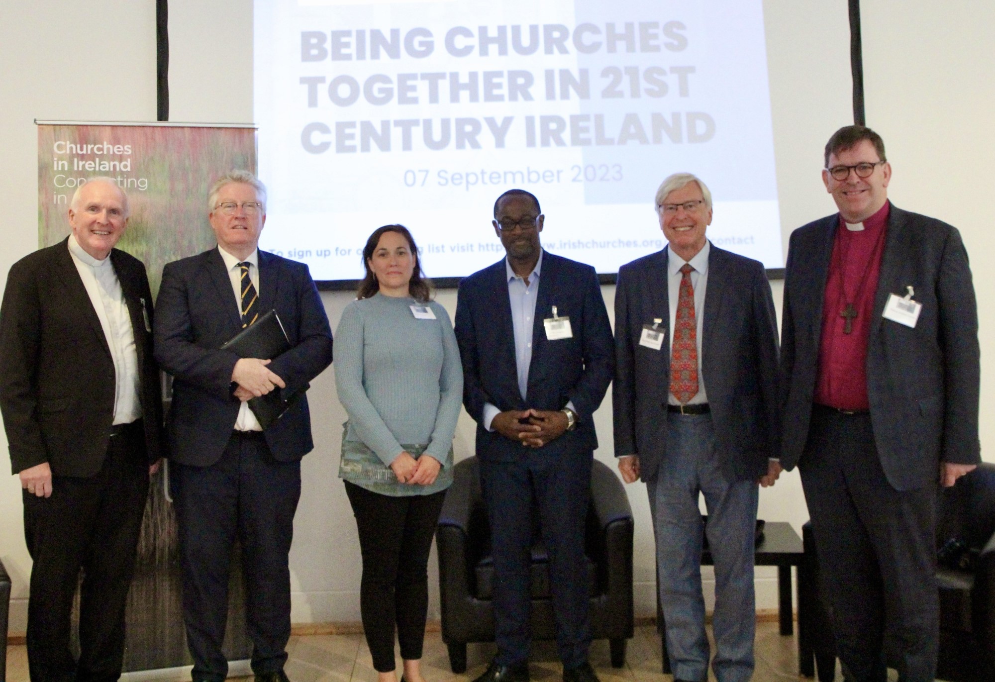 Bishop Brendan Leahy (IICM Co-Chair), Prof Daire Keogh (President of DCU), Dr Nicola Brady (CTBI), the Rev Livingstone Thompson (Moravian Church), Prof Philip McDonagh (DCU) and Bishop Andrew Forster (IICM Co-Chair) at the symposium today.