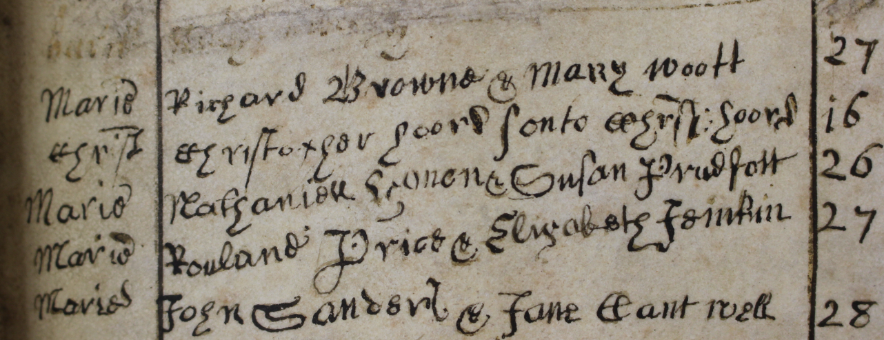 The first entries from P328.01.1, showing the records of marriages and christenings that occurred in St John the Evangelist during February 1619.