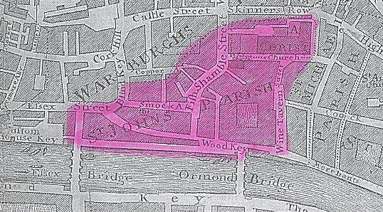 Map of St John's parish – Although it can be difficult to determine the exact boundaries of a parish, the coloured-shading in this map from Brooking's map of Dublin 1728gives a good idea as to the generally accepted parish boundaries. ©The Royal Irish Academy