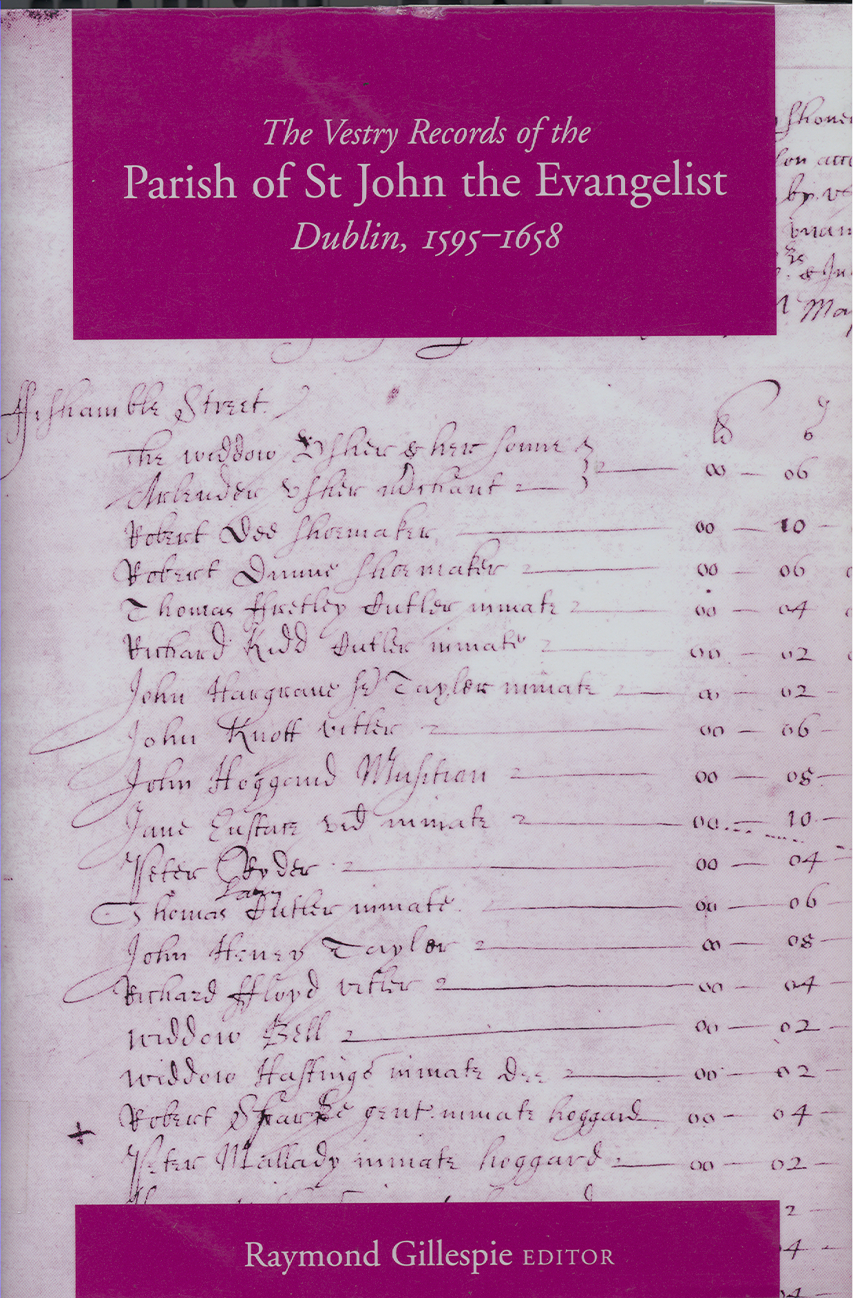 The Vestry Records of the Parish of St John the Evangelist, Dublin 1595-1658 edited by Raymond Gillespie (Dublin: Four Courts Press in association with the Representative Church Body Library, 2002).